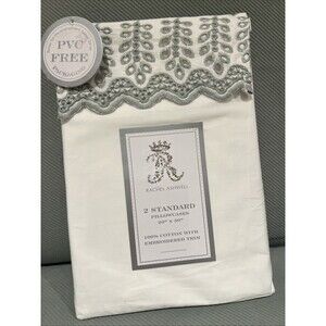 Rachel Ashwell Standard Pillowcases WHITE COTTON Blue Gray EMBROIDERED Trim New